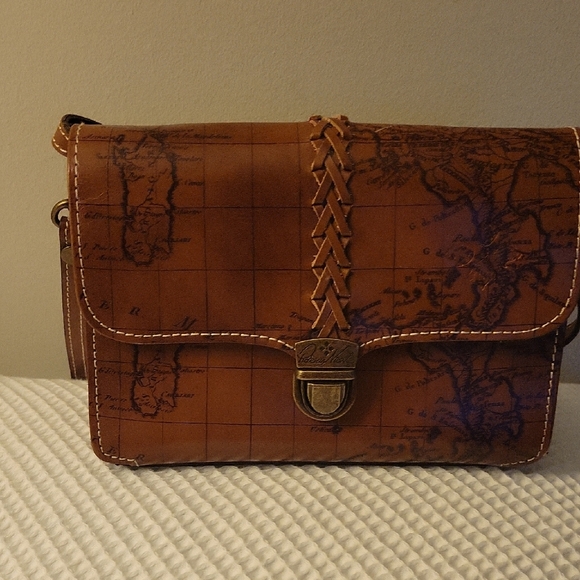 Patricia Nash Brown Leather Map Print Messenger Bag